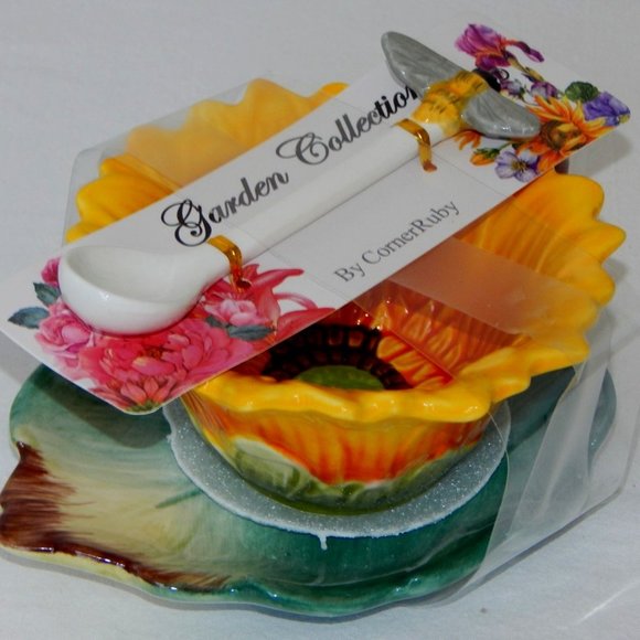 Corner Ruby Garden Collection Yellow Sunflower Shaped Cup Leaf Saucer Spoon Set - Picture 1 of 8